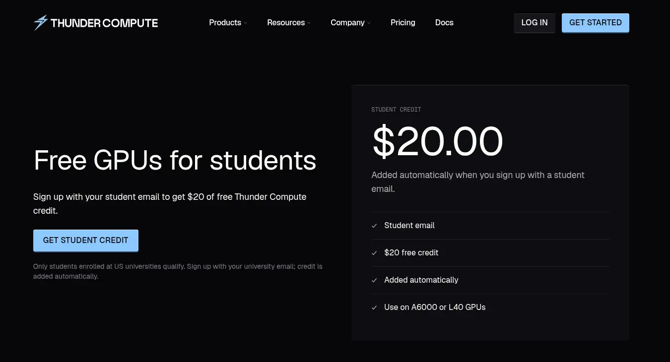 Student credit offer from Thunder Compute